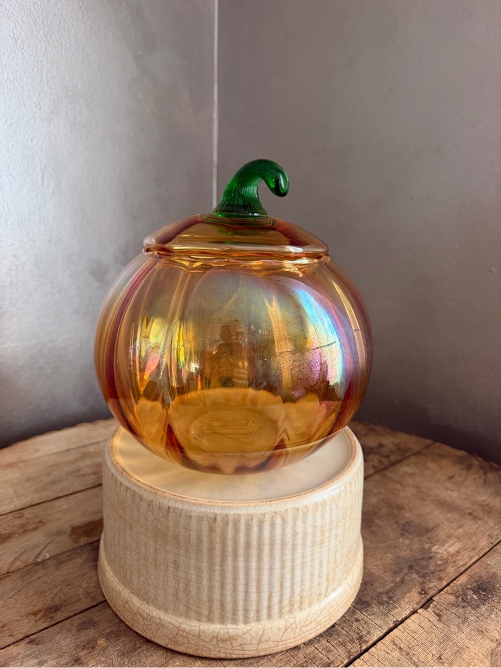 Vintage Princess House Iridescent Pumpkin Jar & Lid